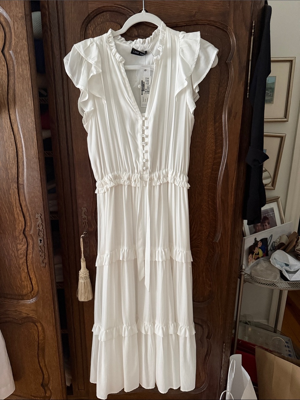 White Ruffle Maxi Dress with Button Front by Love Token